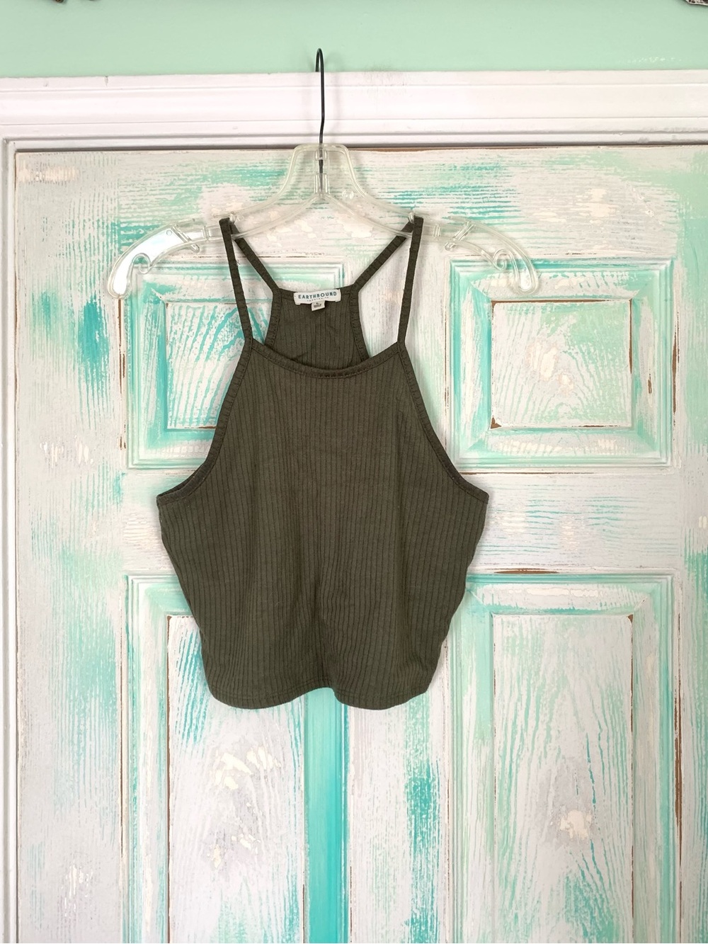Earthbound Trading Co. Army Green Ribbed Halter Cami Tank Top Large